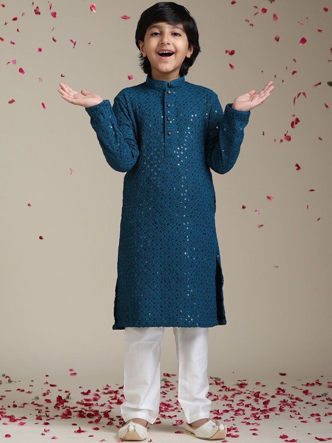 

Manyavar Boys Embroidered Mandarin Collar Chikankari Straight Kurta with Trouser, Teal