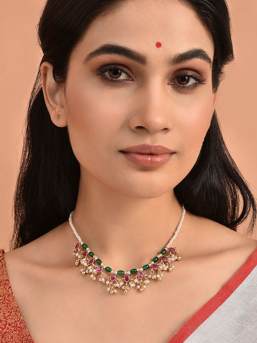 

JAYPORE Gold-Plated Artificial Stones and Beads Studded Necklace