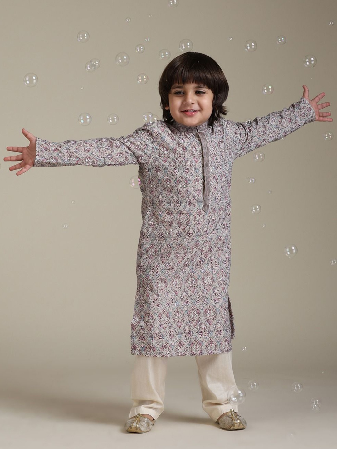 

Manyavar Boys Floral Printed Mandarin Collar Straight Kurta with Pyjamas, Beige