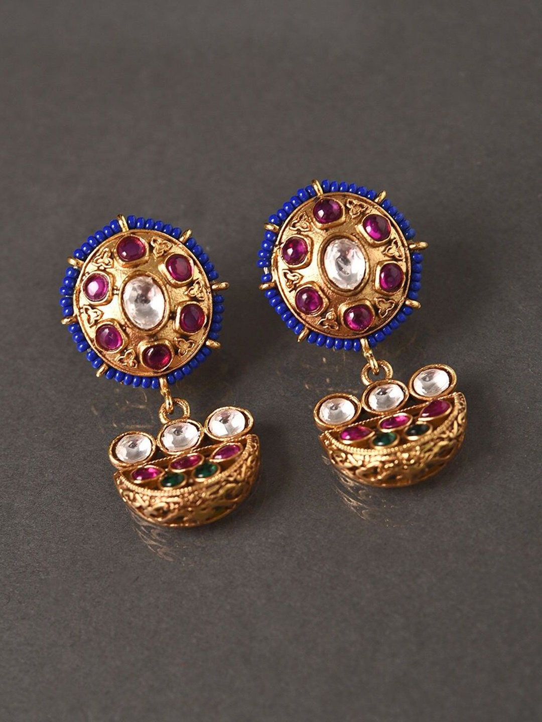 

JAYPORE Kundan Studded Contemporary Drop Earrings, Gold