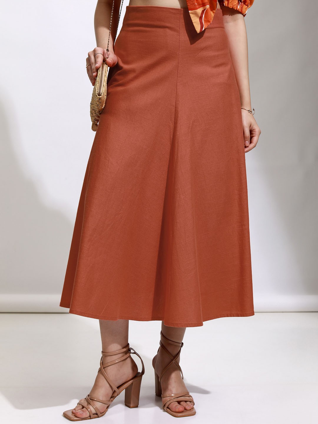 

Tokyo Talkies Women High-Waist Flared Midi Skirt, Rust