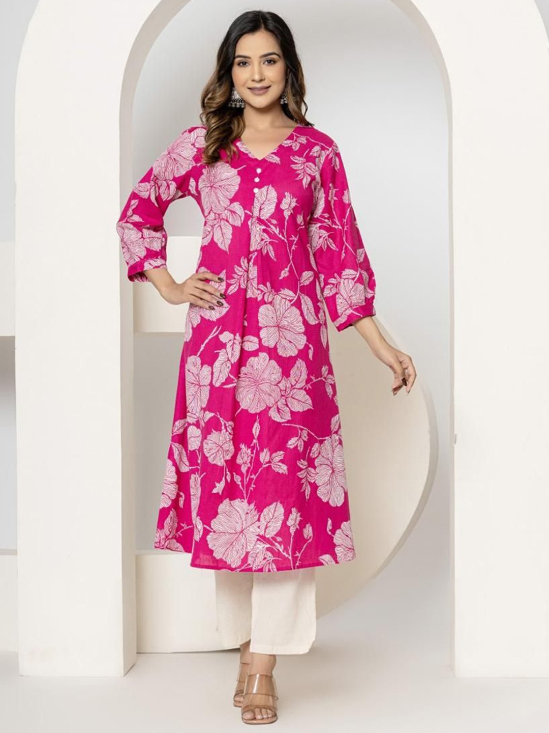 

KALINI Floral Printed Pure Cotton A-Line Kurta With Trousers, Pink