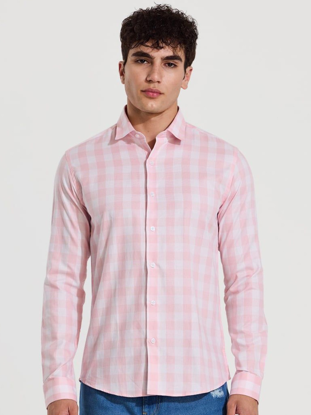 

Snitch Men Smart Spread Collar Gingham Checked Cotton Slim Fit Casual Shirt, Pink
