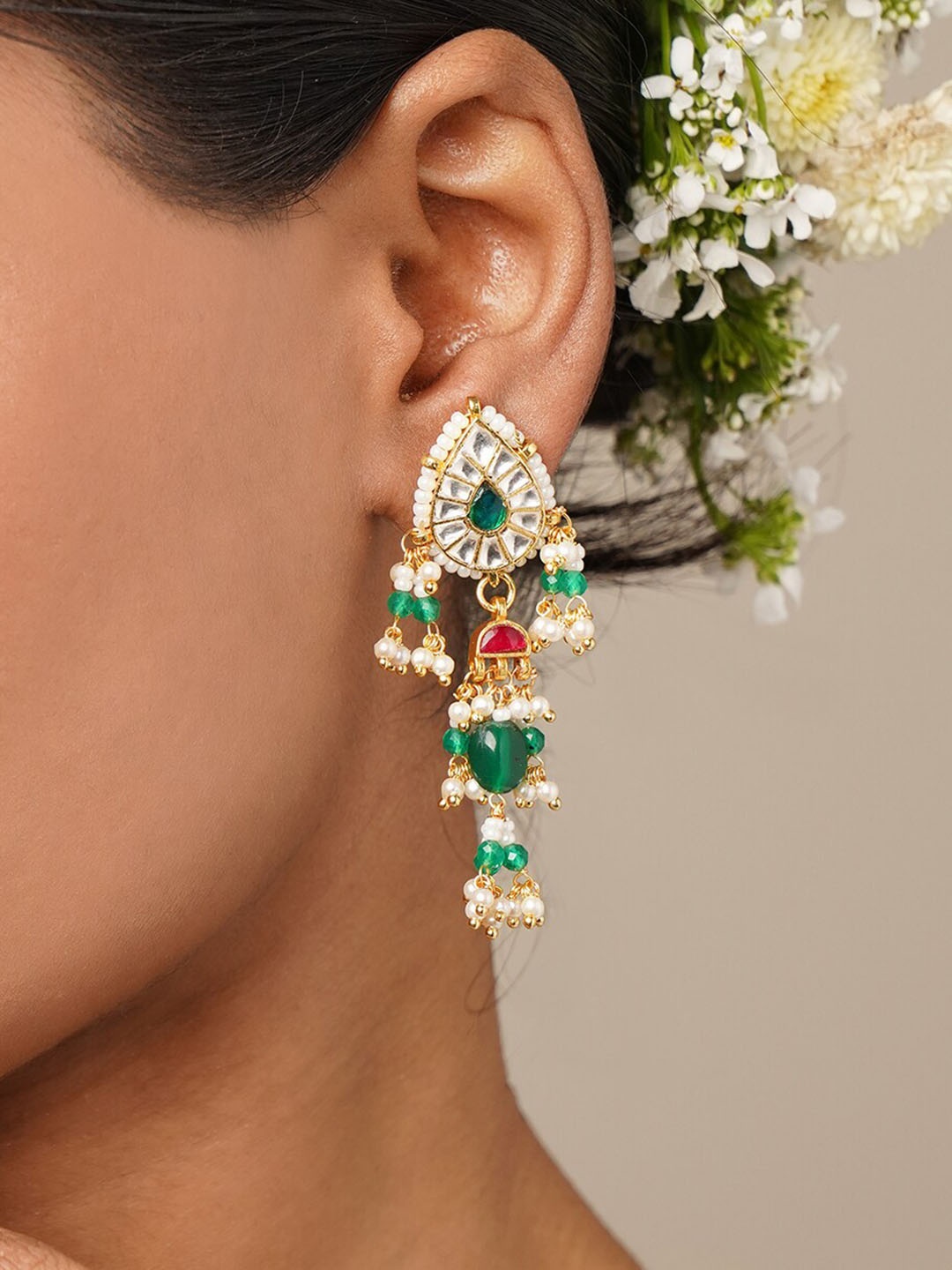 

JAYPORE Stone Studded & Beaded Contemporary Drop Earrings, Gold