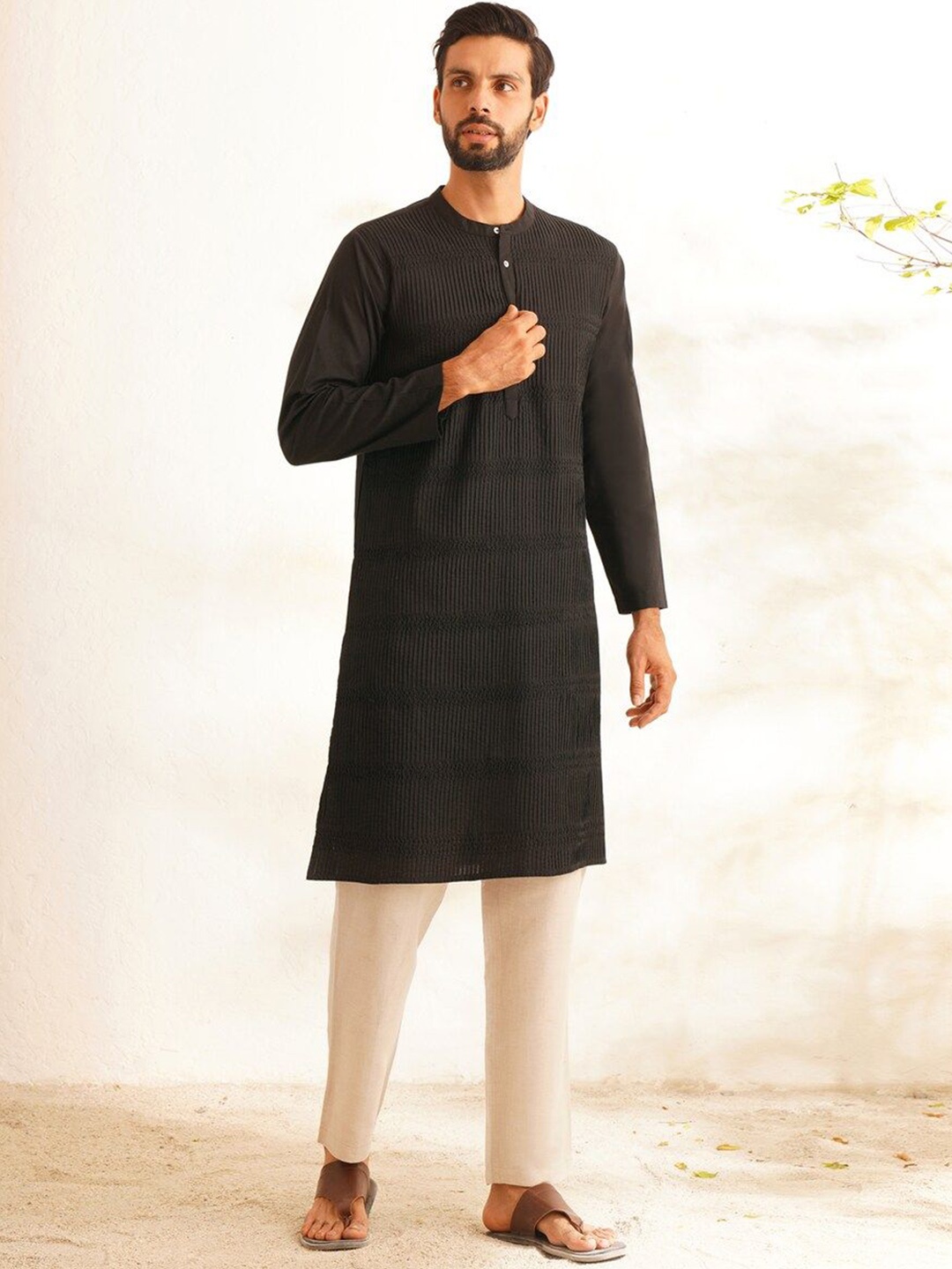 

JAYPORE Striped Band Collar Pure Cotton Straight Kurta, Black