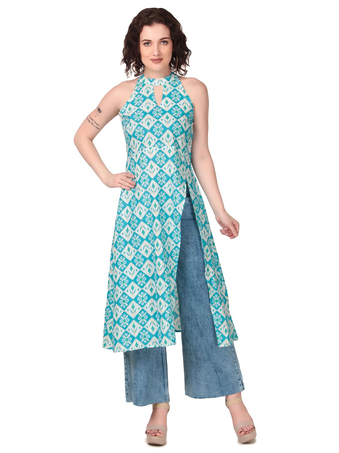 

Magnetism Printed Pure Cotton Key Hole Neck A-Line Kurta, Blue