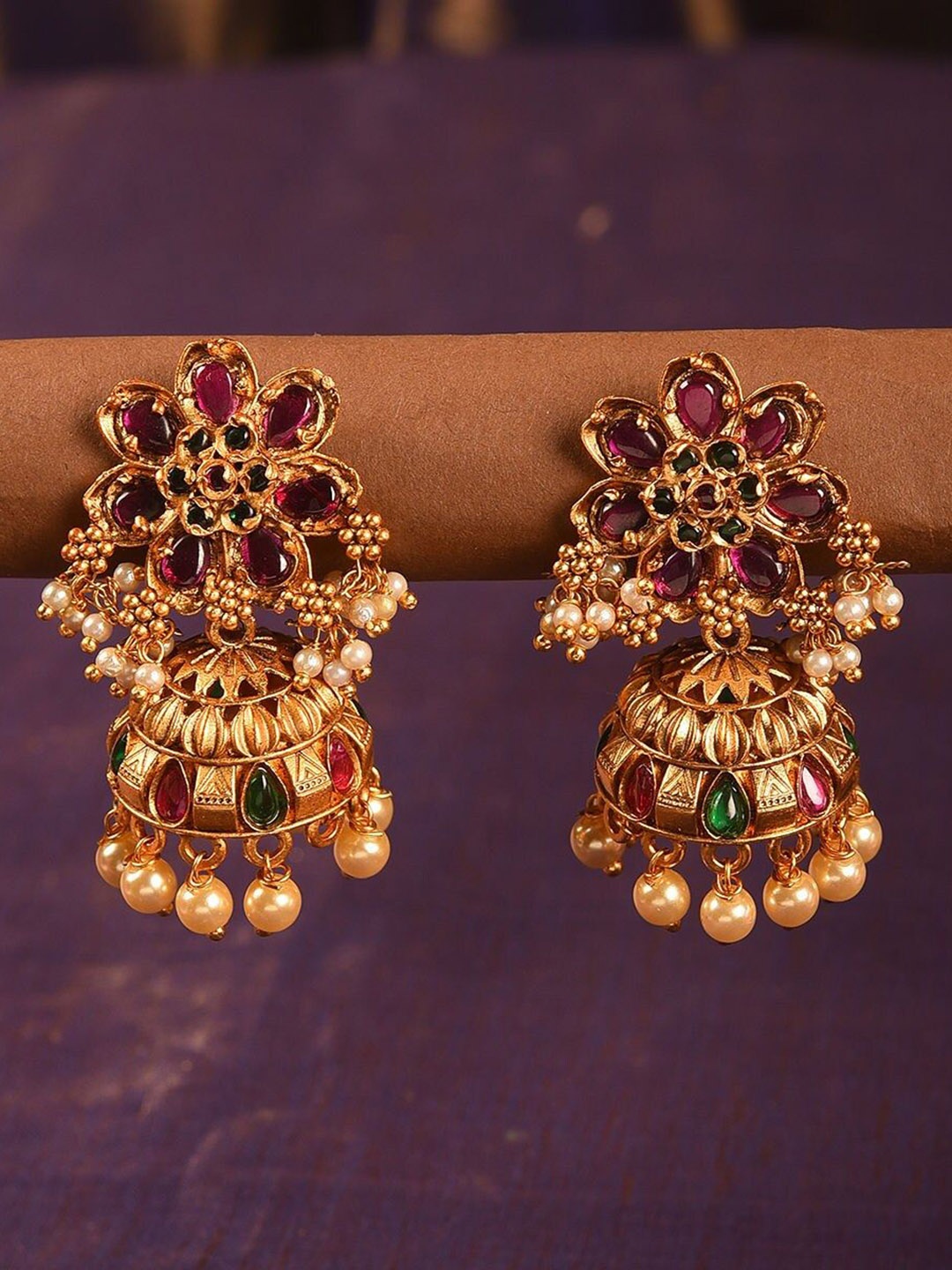 

JAYPORE Gold-Plated Dome Shaped Stone Studded & Beaded Jhumkas