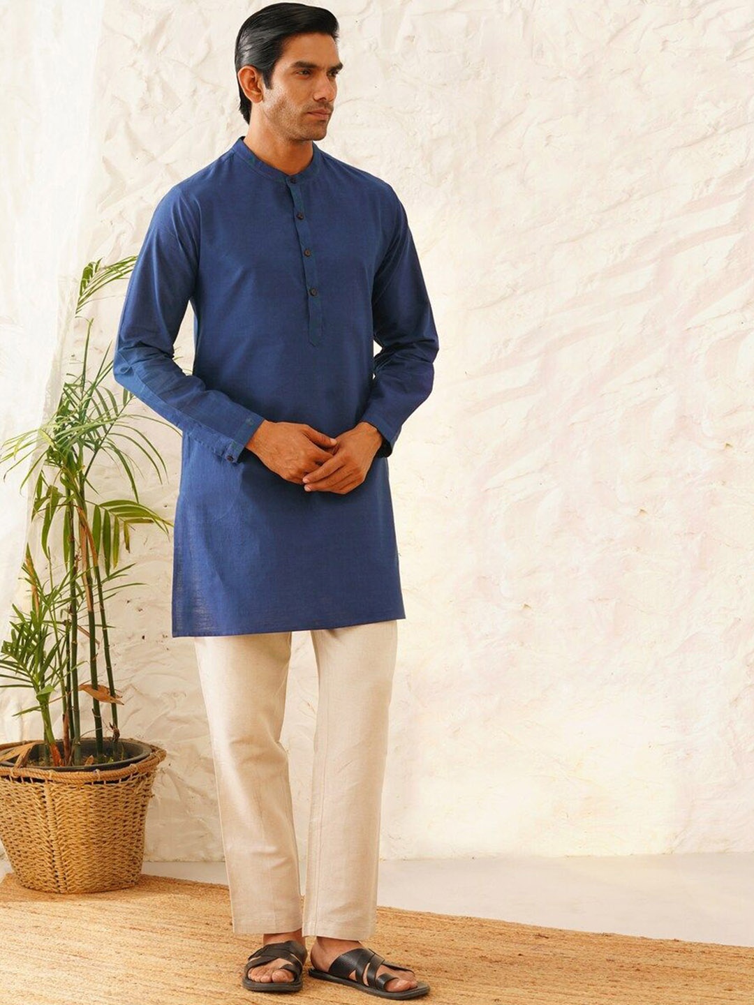 

JAYPORE Band Collar Pure Cotton Straight Kurta, Blue