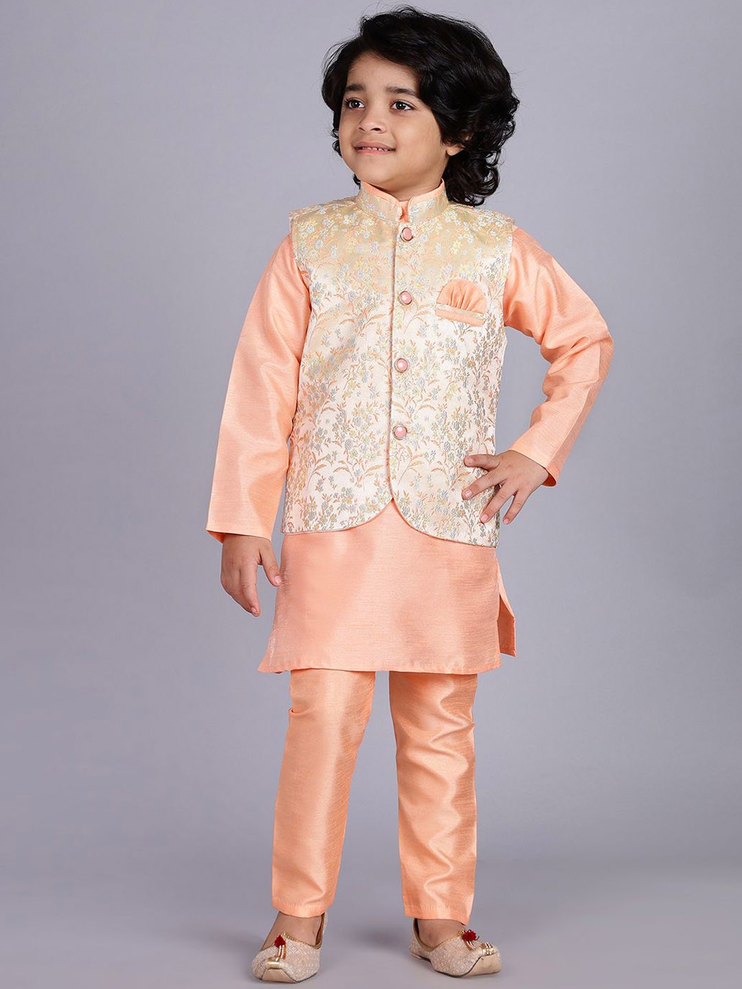 

Ridokidz Boys Mandarin Collar Straight Kurta With Pyjama & Nehru jacket, Peach