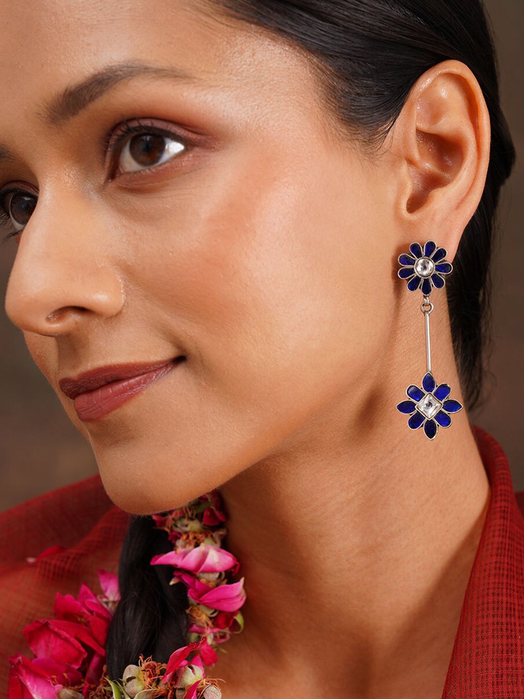 

JAYPORE Silver-Plated Floral Stone Studded Drop Earrings