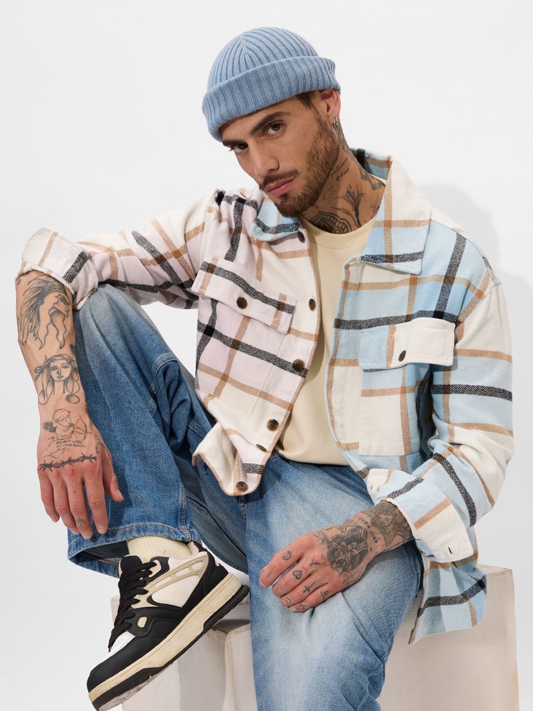 

The Souled Store Men Spread Collar Checked Cotton Oversized Casual Shackets, Beige