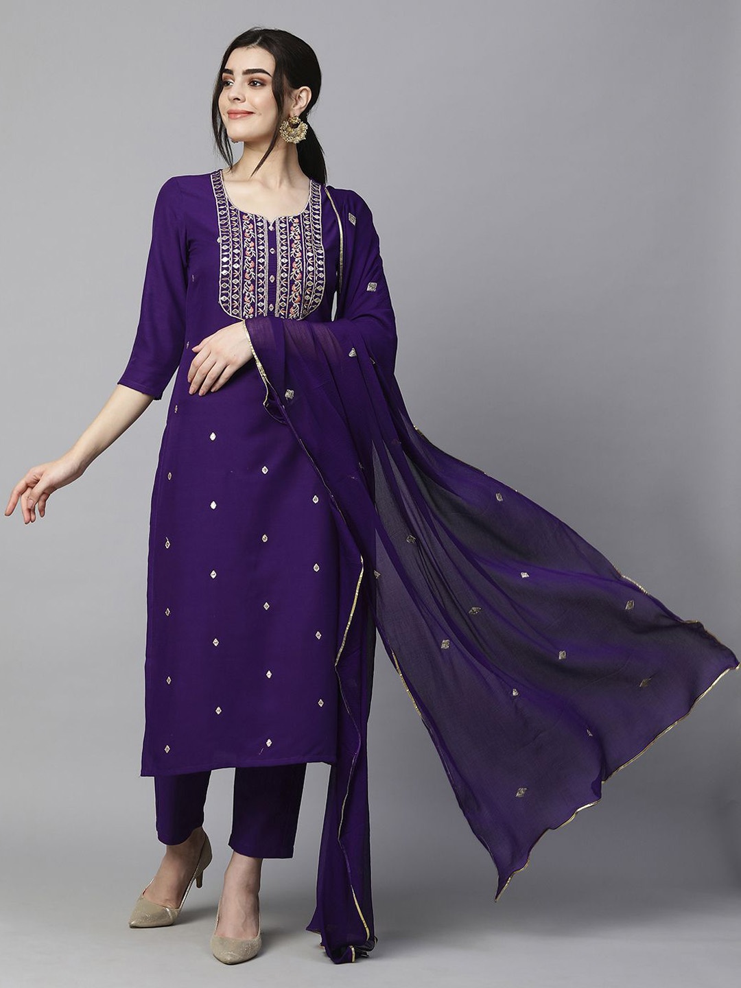 

Anni Designer Floral Embroidered Regular Straight Kurta with Trousers & Dupatta, Purple