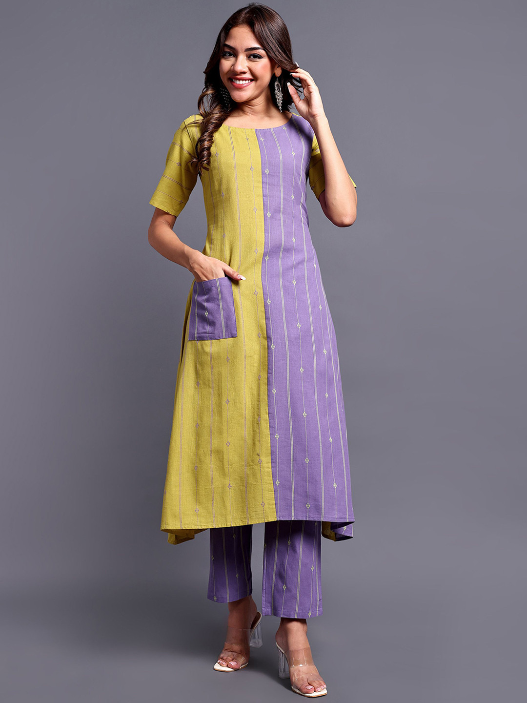 

Vastara the Label Geometric Woven Design Regular Pure Cotton A-Line Kurta with Trousers, Yellow