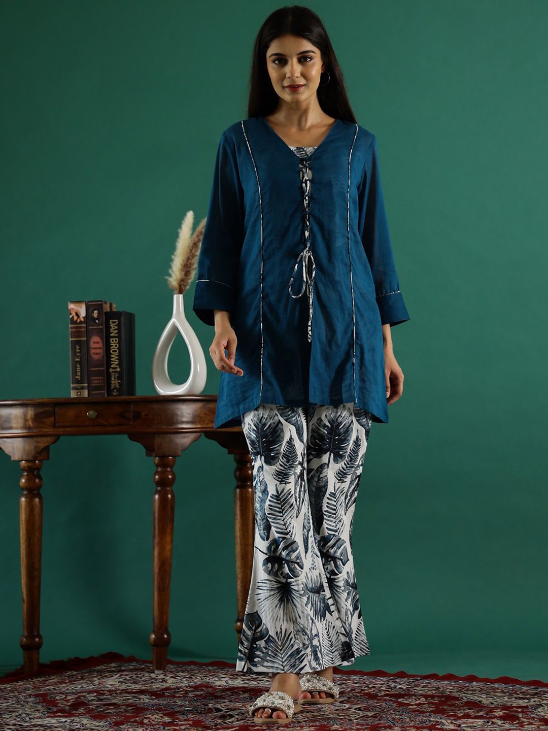 

Sangria Pure Cotton Three Quarter Sleeve Tunic & Trouser Co-Ords, Blue