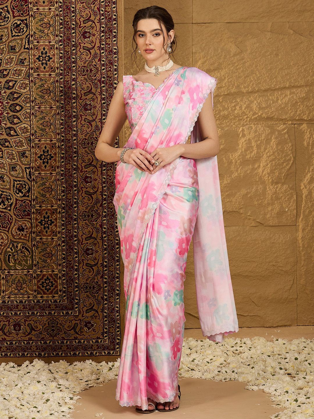 

Anouk Women Floral Beads and Stones Satin Saree, Pink