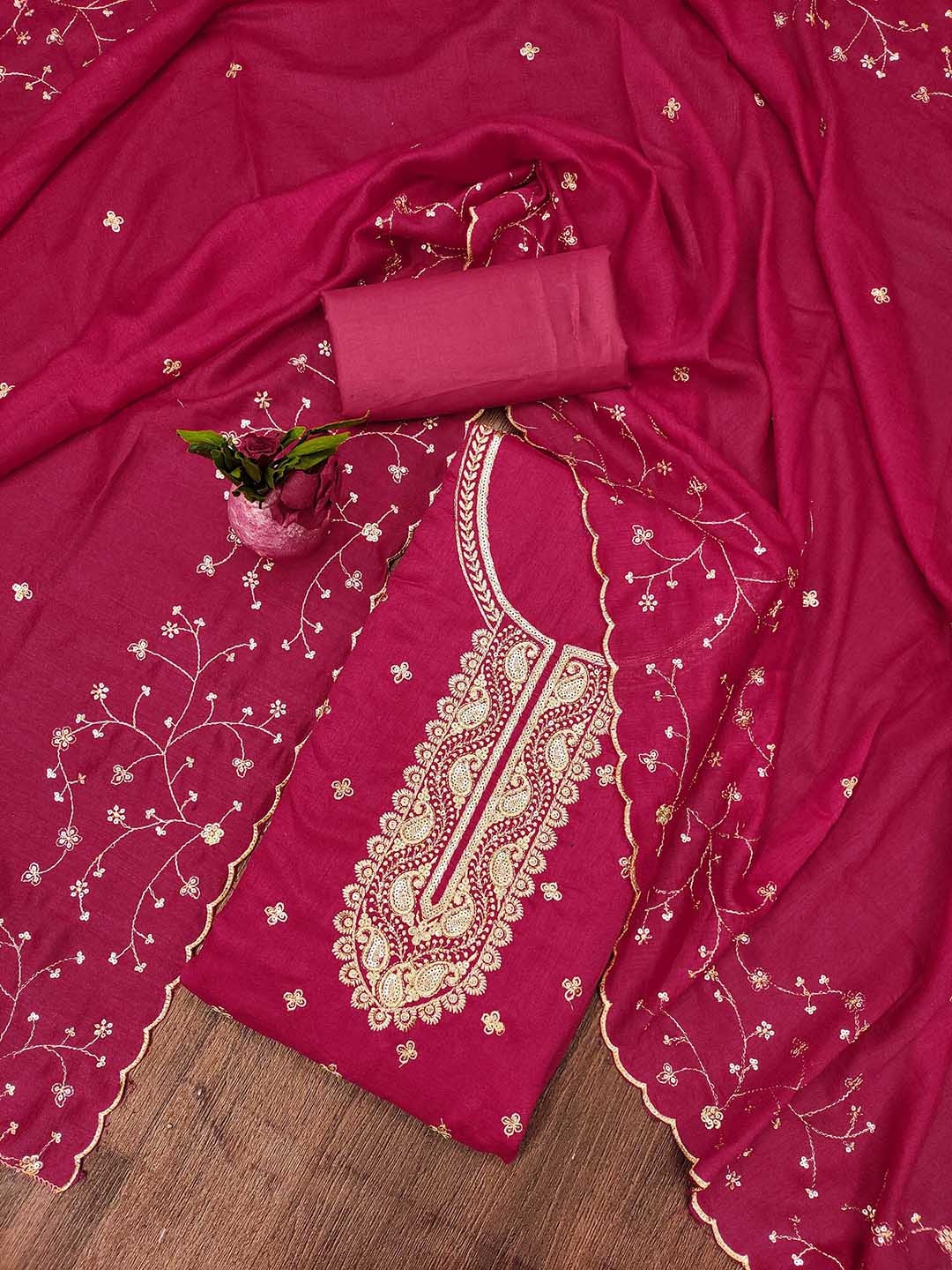 

Maroosh Floral Embroidered Sequinned Unstitched Dress Material, Pink