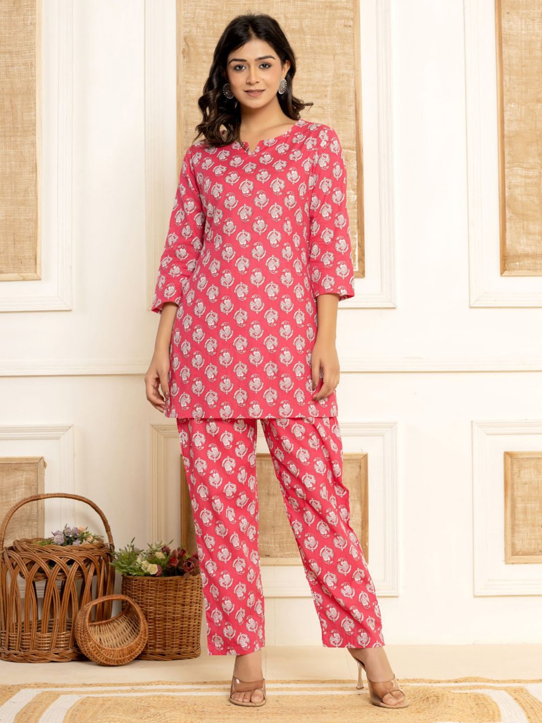 

DHANOTA Women Printed Pure Cotton Top With Trousers Co-Ords, Pink