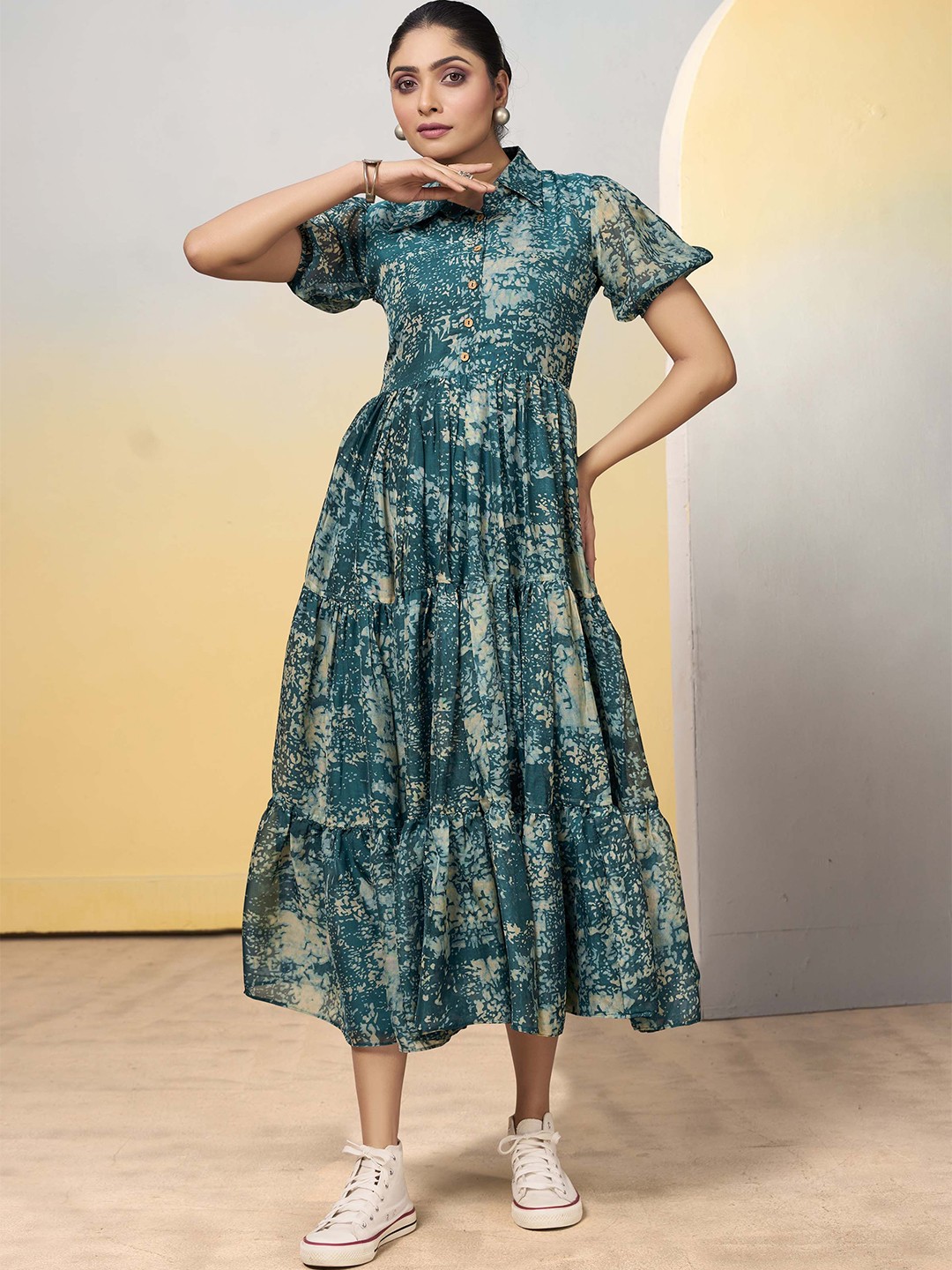 

MADHAVPRIYA Floral Print Puff Sleeve Fit & Flare Midi Dress, Teal