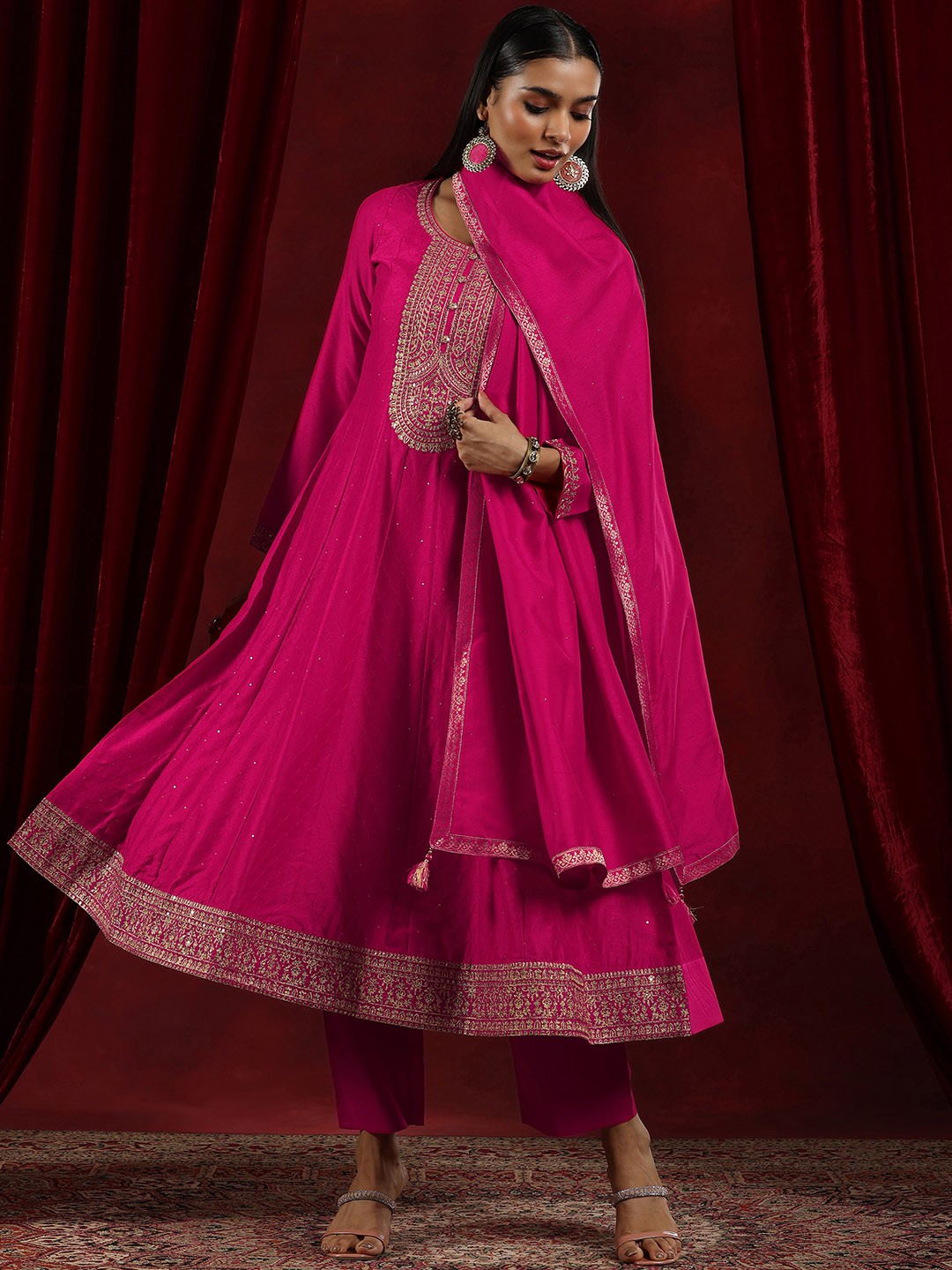 

Libas Art Floral Embroidered Panelled Sequinned Anarkali Kurta With Trousers & Dupatta, Pink