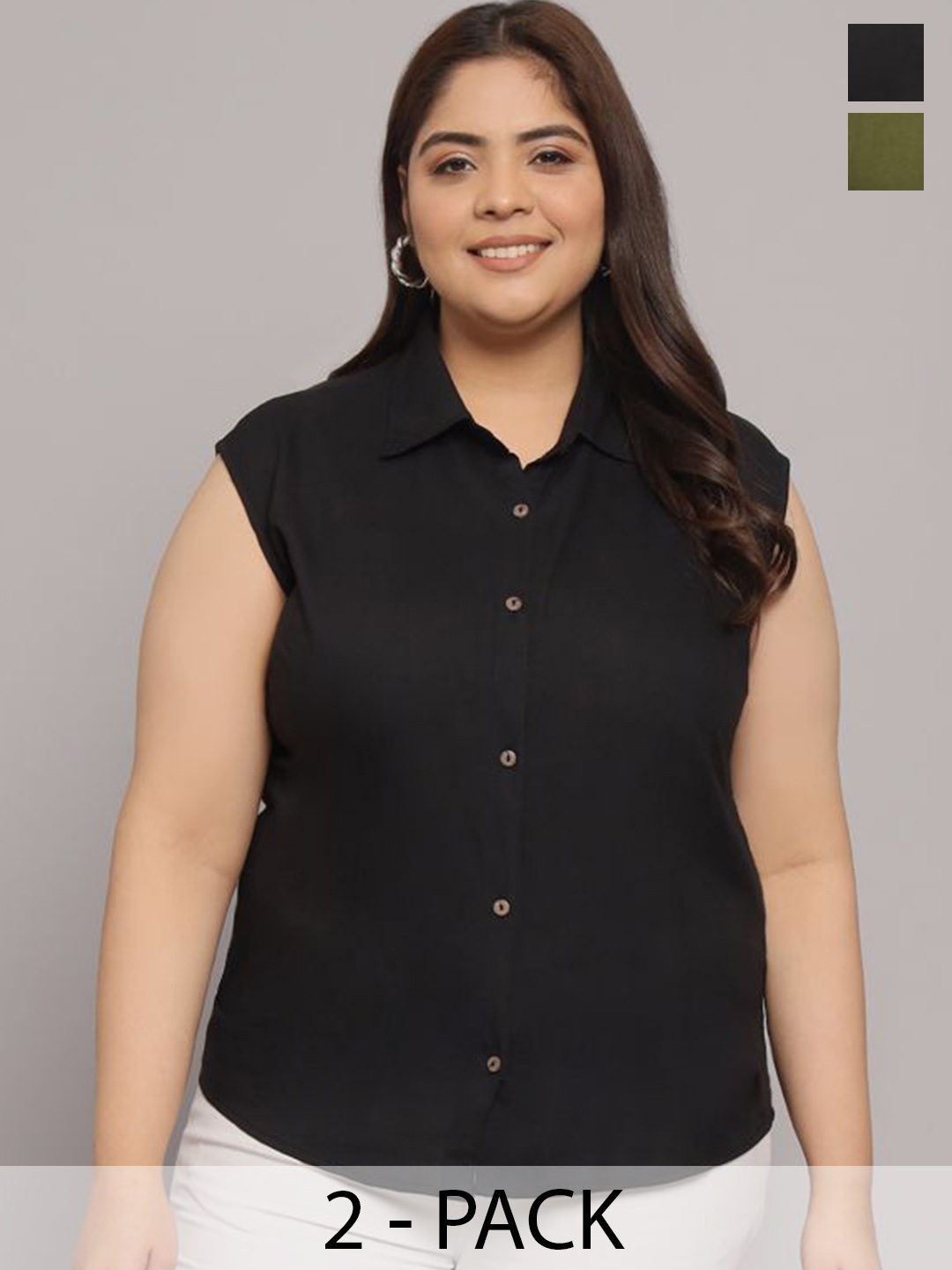 

Funday Fashion Women Pack Of 2 Spread Collar Solid Cotton Casual Plus Size Shirts, Black