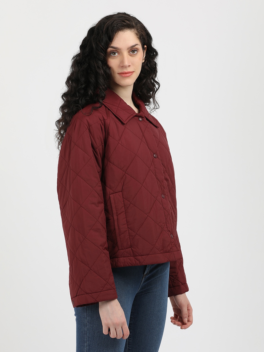 

Tommy Hilfiger Women Spread Collar Solid Casual Quilted Jacket, Maroon