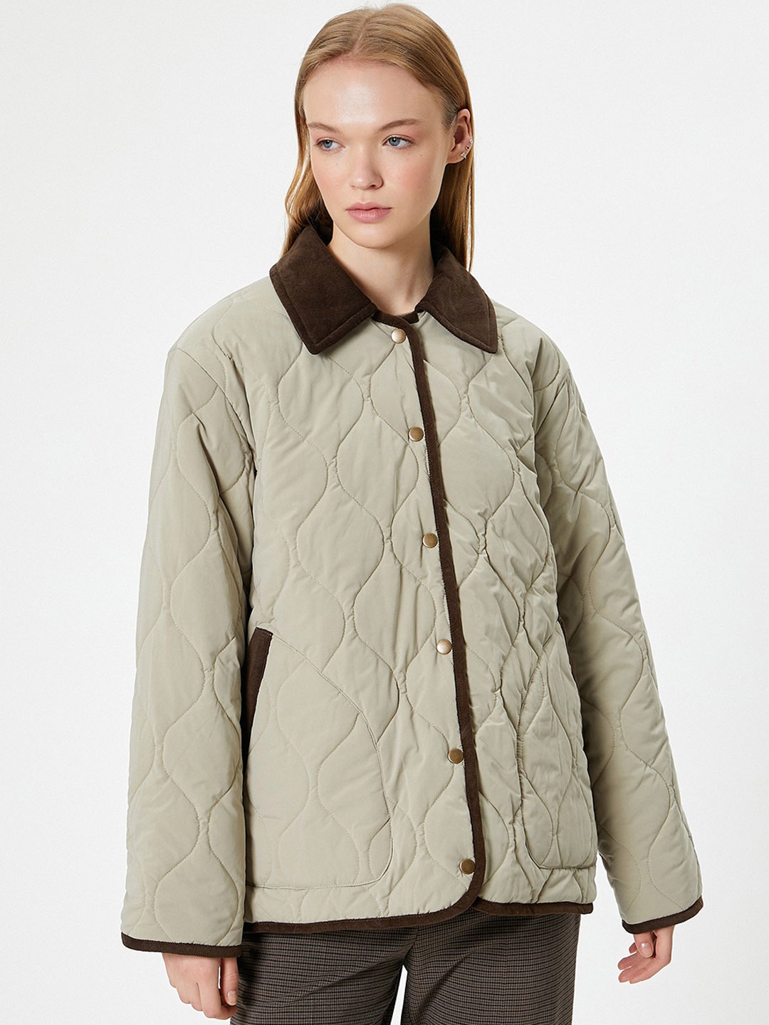 

Koton Women Spread Collar Solid Casual Quilted Jacket, Beige