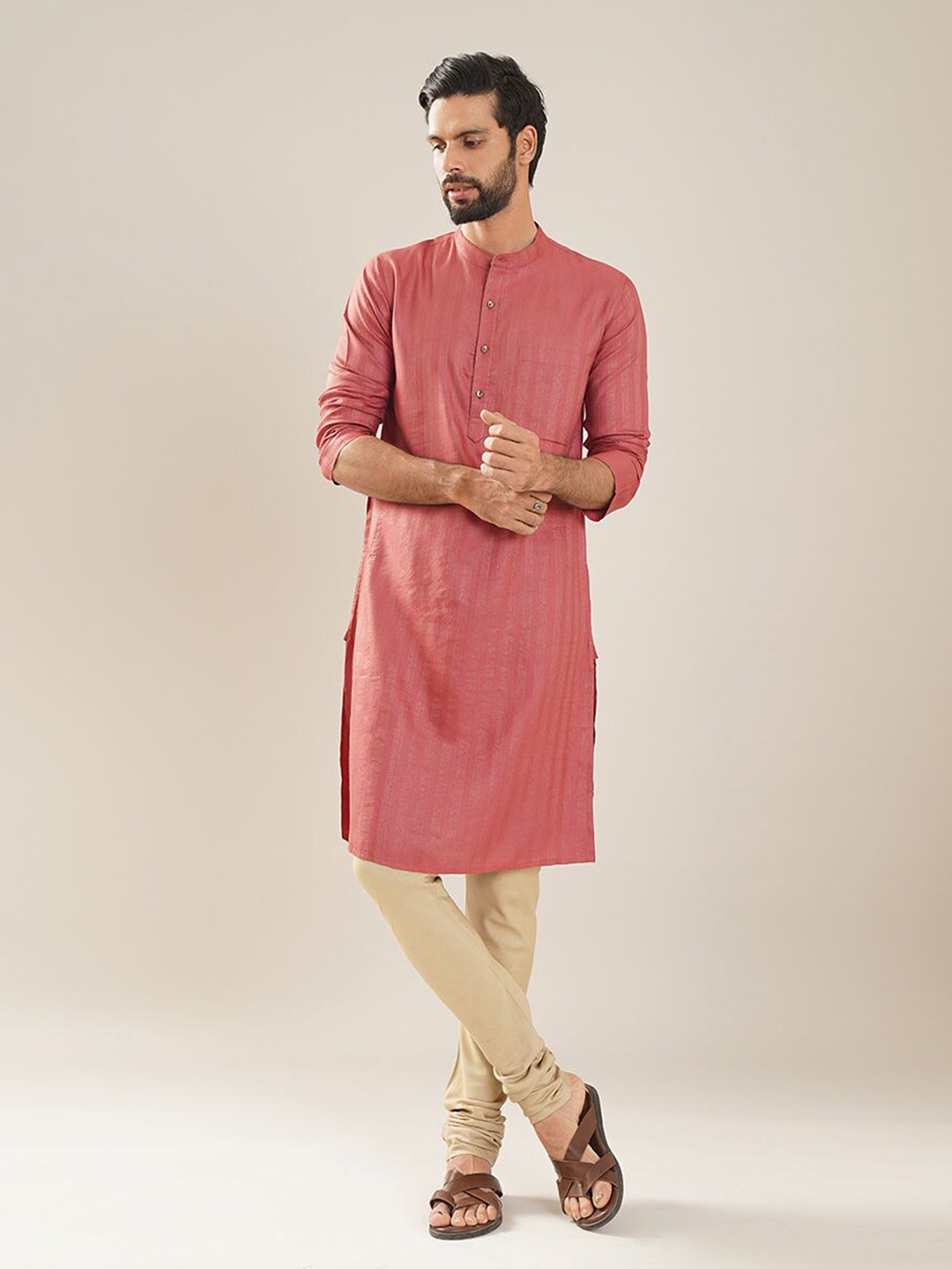 

JAYPORE Striped Printed Band Collar Zari Straight Kurta, Rust