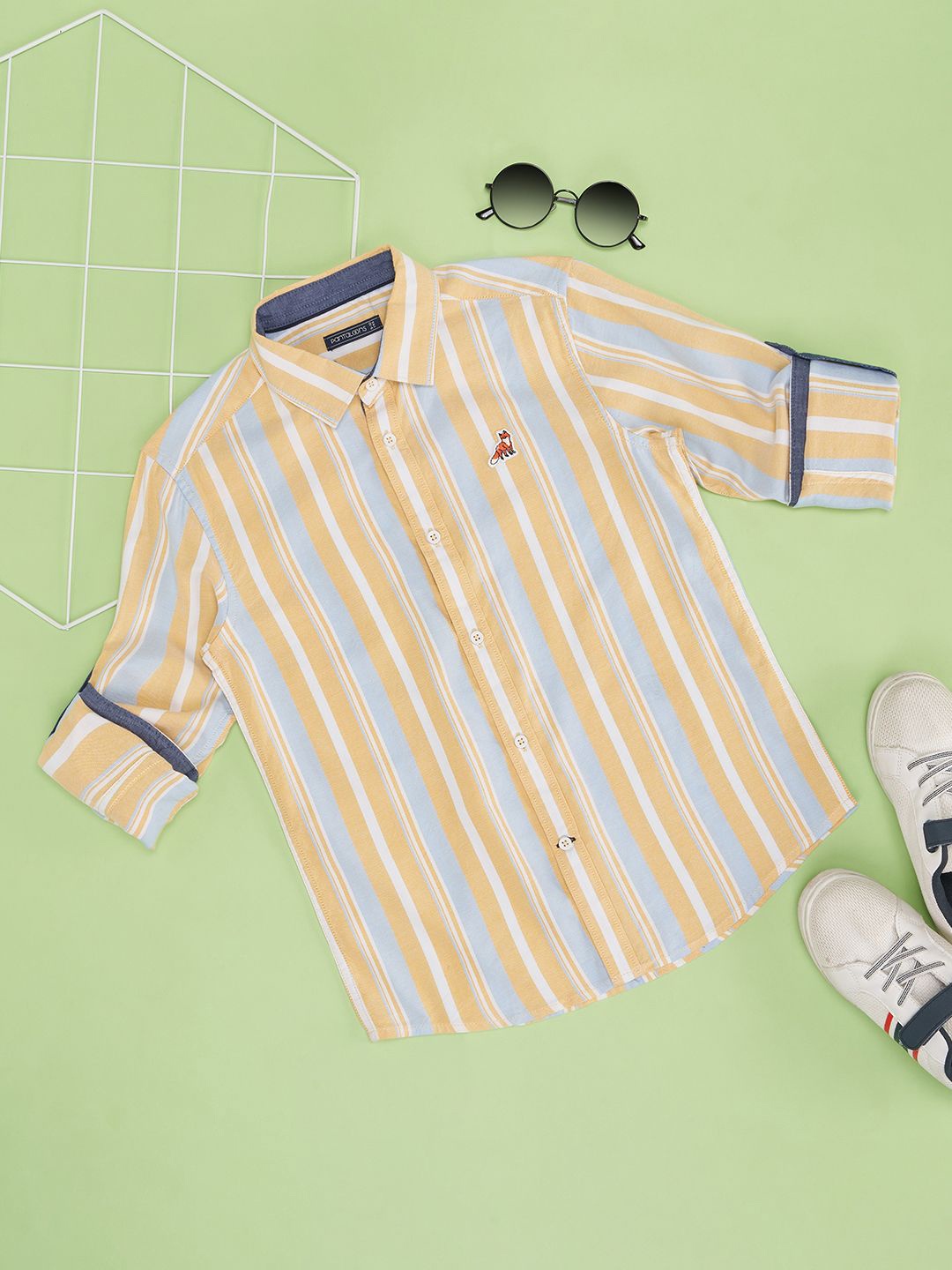 

Pantaloons Junior Boys Cutaway Collar Vertical Striped Cotton Casual Shirt, Beige