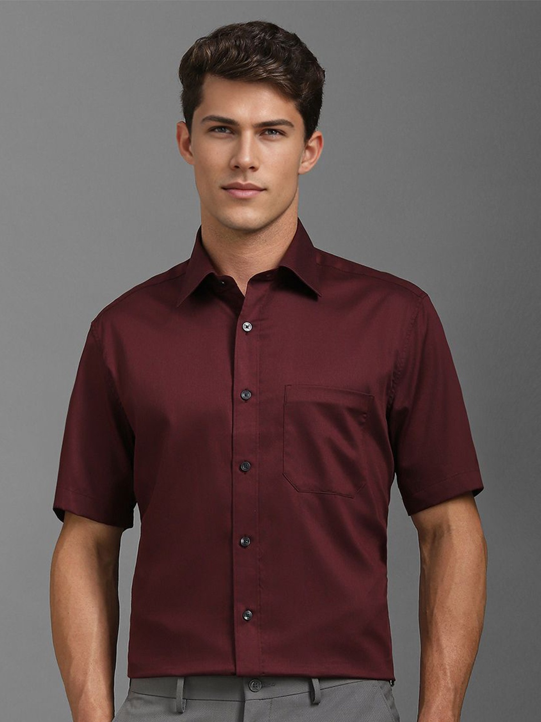 

Louis Philippe Men Classic Spread Collar Solid Cotton Formal Shirt, Maroon