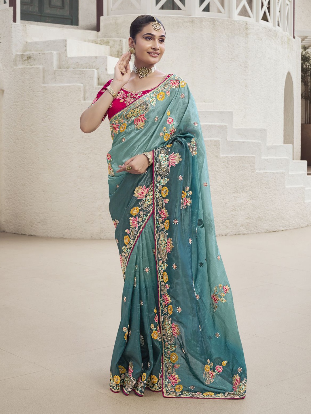 

ODETTE Floral Embroidered Silk Blend Saree, Teal