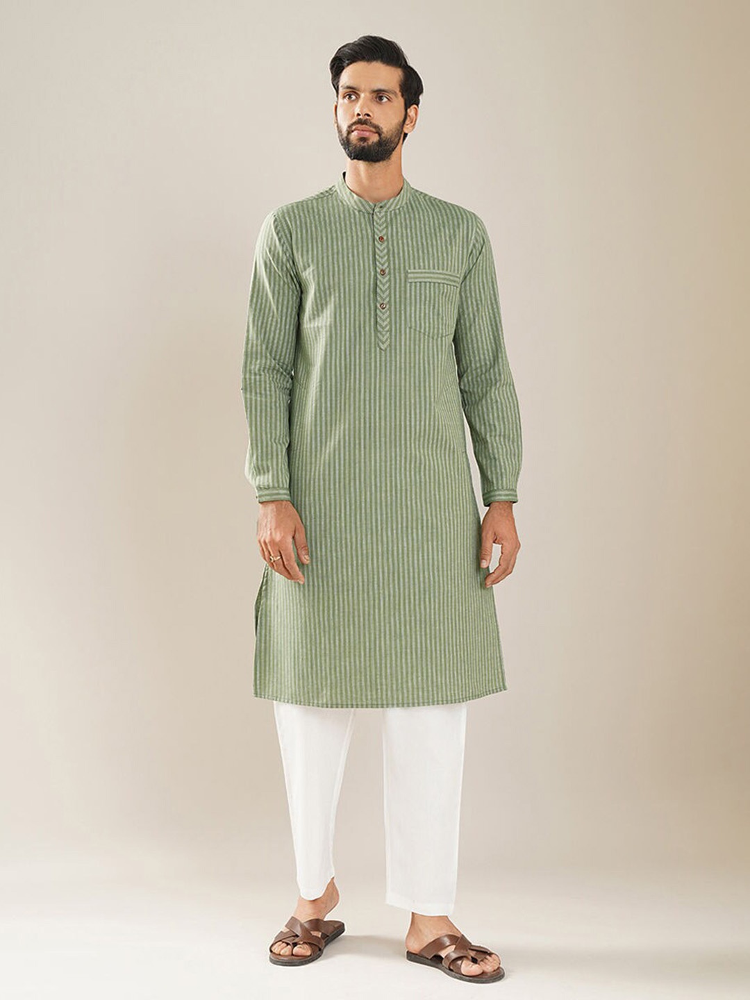 

JAYPORE Striped Printed Band Collar Pocket Detailing Straight Cotton Kurta, Olive