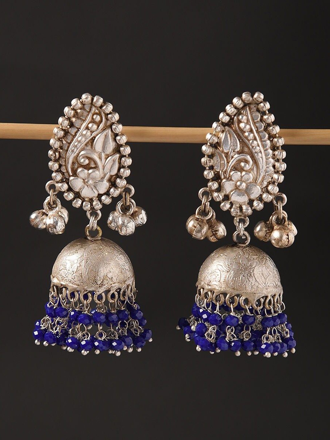 

JAYPORE Contemporary Turquoise Jhumkas, Silver