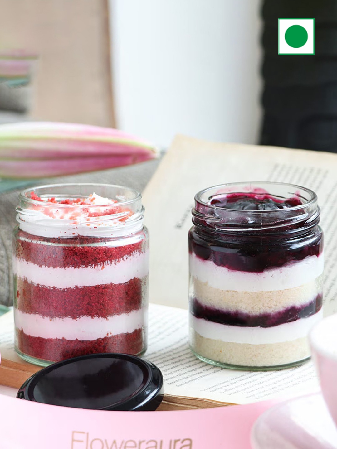 

Floweraura 2Pcs Red Velvet & Blueberry Flavour Eggless Round Jar Cakes- 500gms