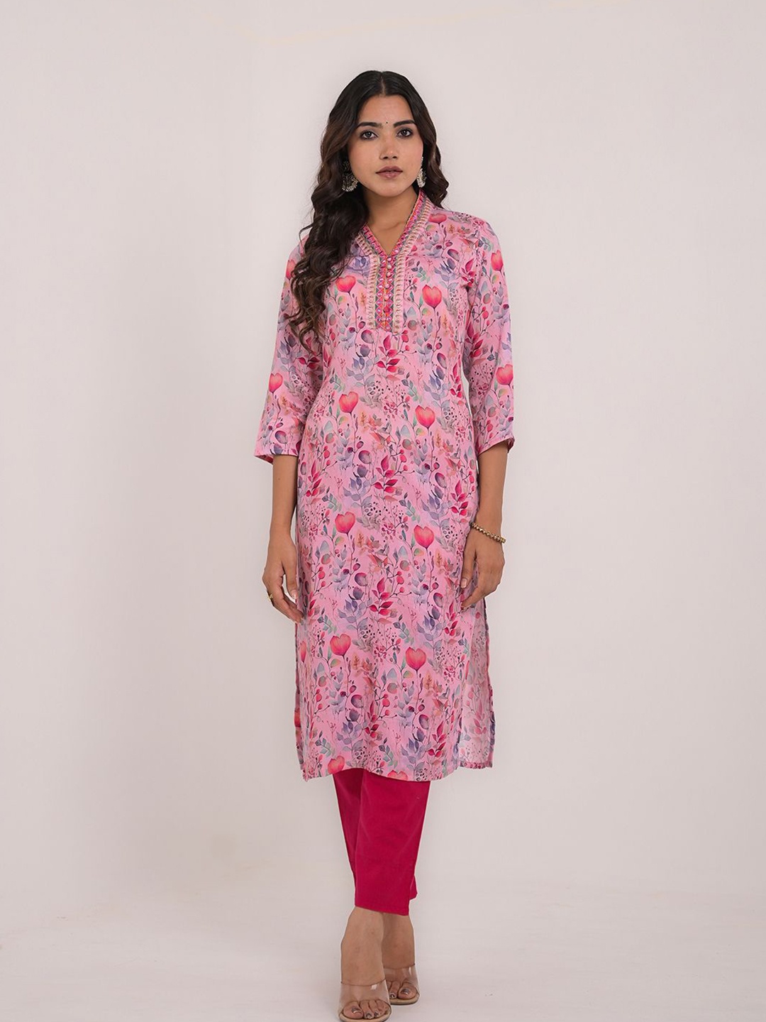 

KAVITA GUPTA Floral Printed Mirror Work Maternity Kurta, Pink