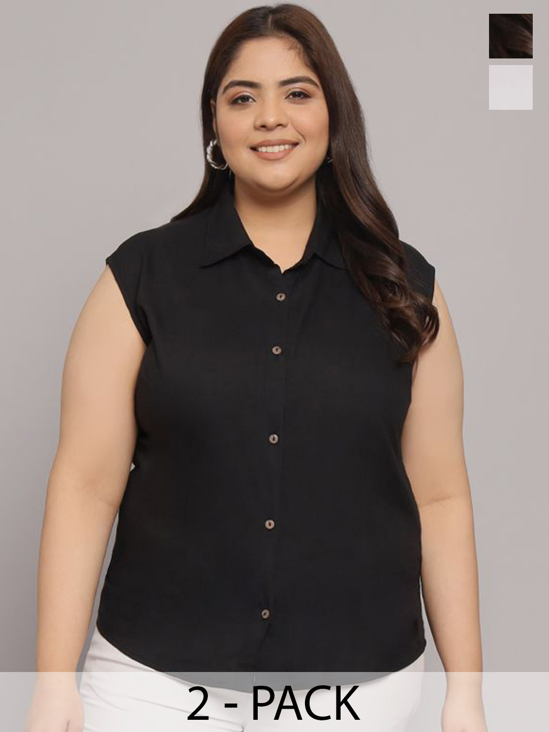 

Funday Fashion Women Pack Of 2 Spread Collar Solid Cotton Casual Plus Size Shirts, Black
