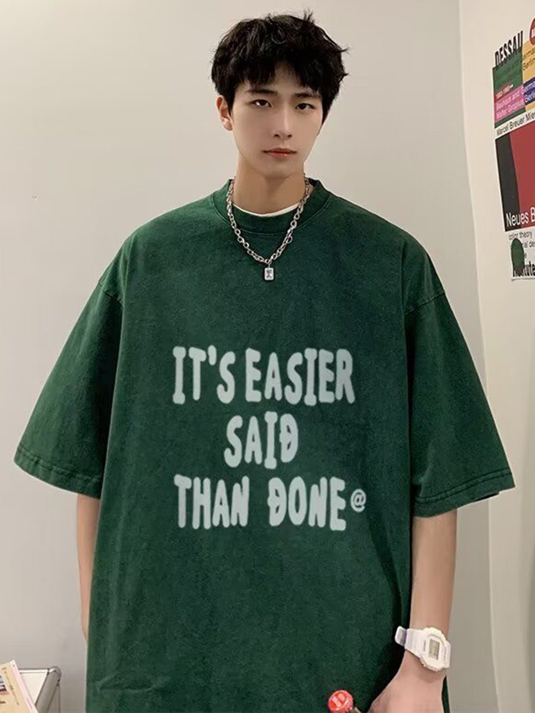 

StyleCast Men Typography Printed Round Neck Pure Cotton Oversized T-shirt, Green