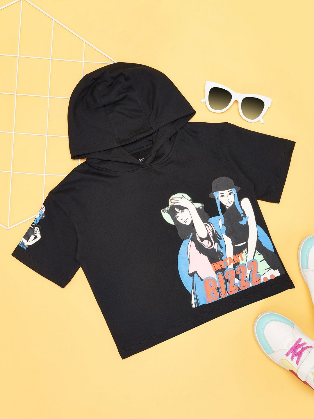 

Pantaloons Junior Girls Graphic Printed Hood Cotton T-shirt, Black