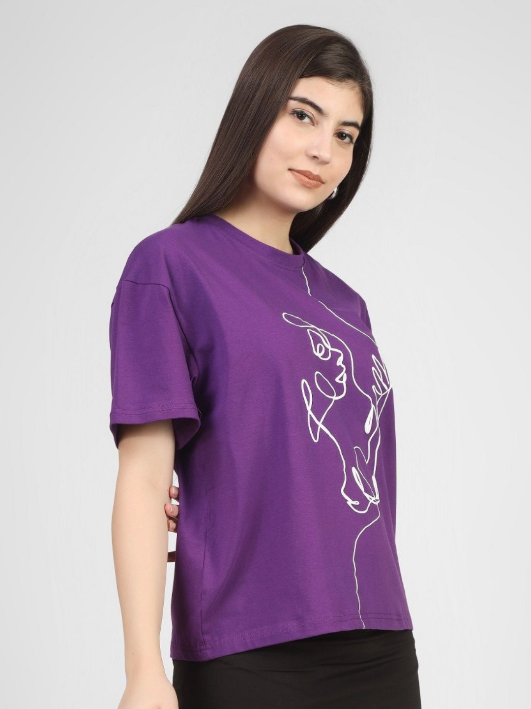 

FILLY Women Graphic Printed Round Neck Cotton Oversized T-shirt, Lavender