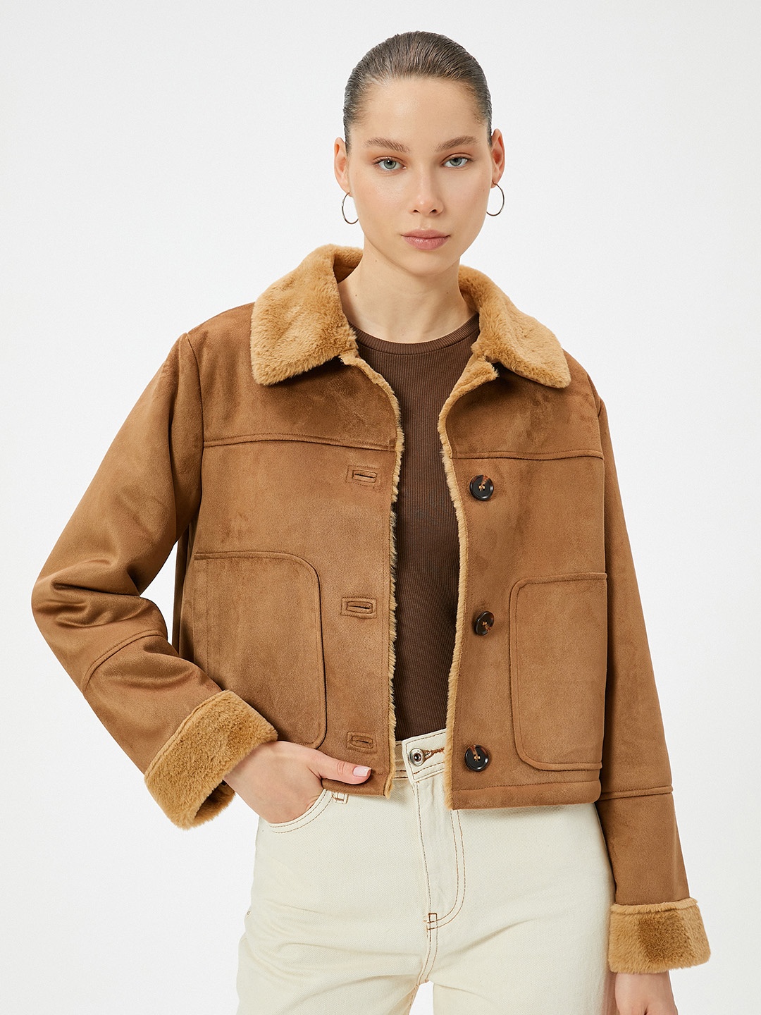 

Koton Women Spread Collar Solid Casual Tailored Jacket, Brown