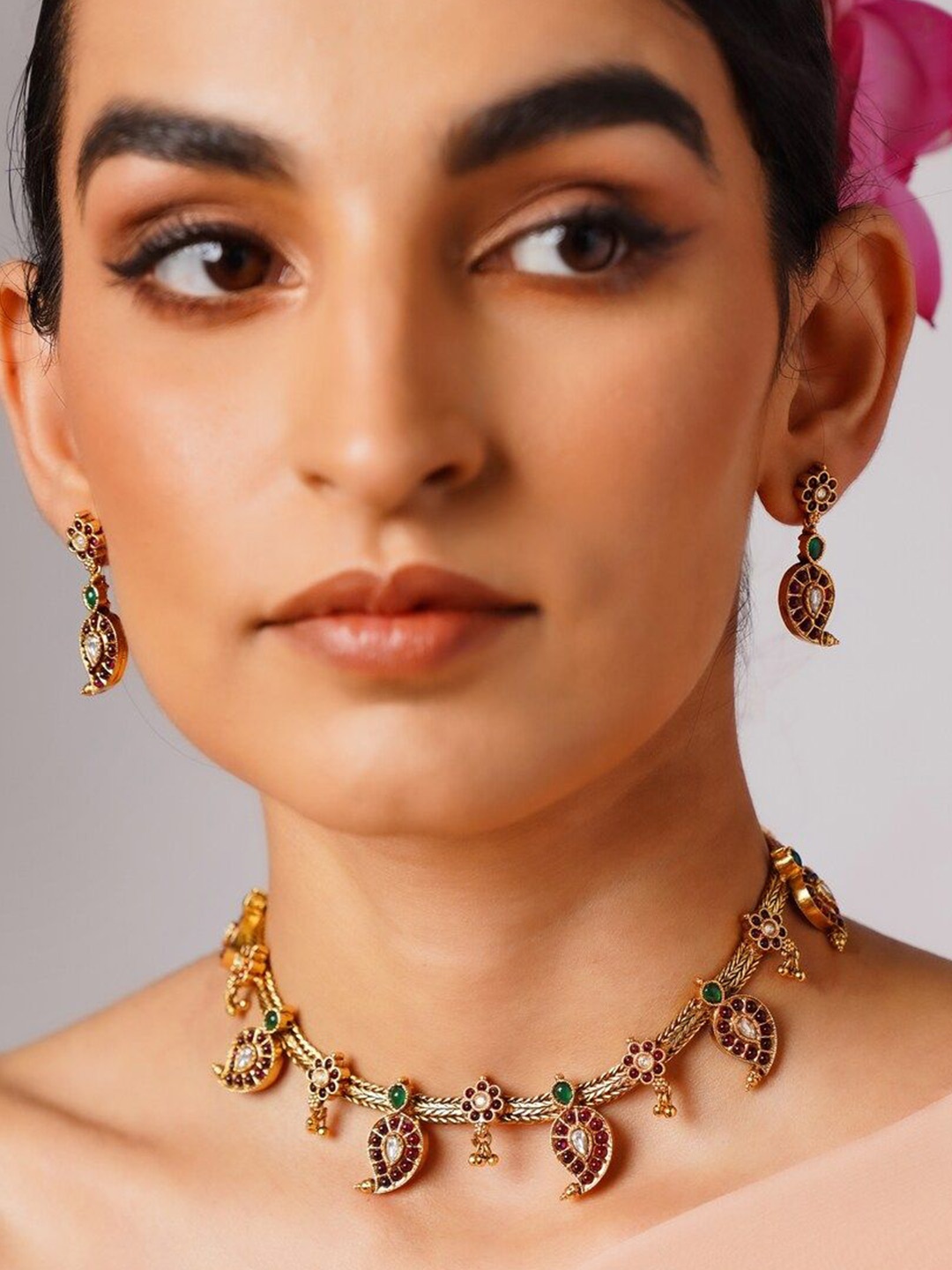 

JAYPORE Stones Studded & Beaded Jewellery Set, Gold