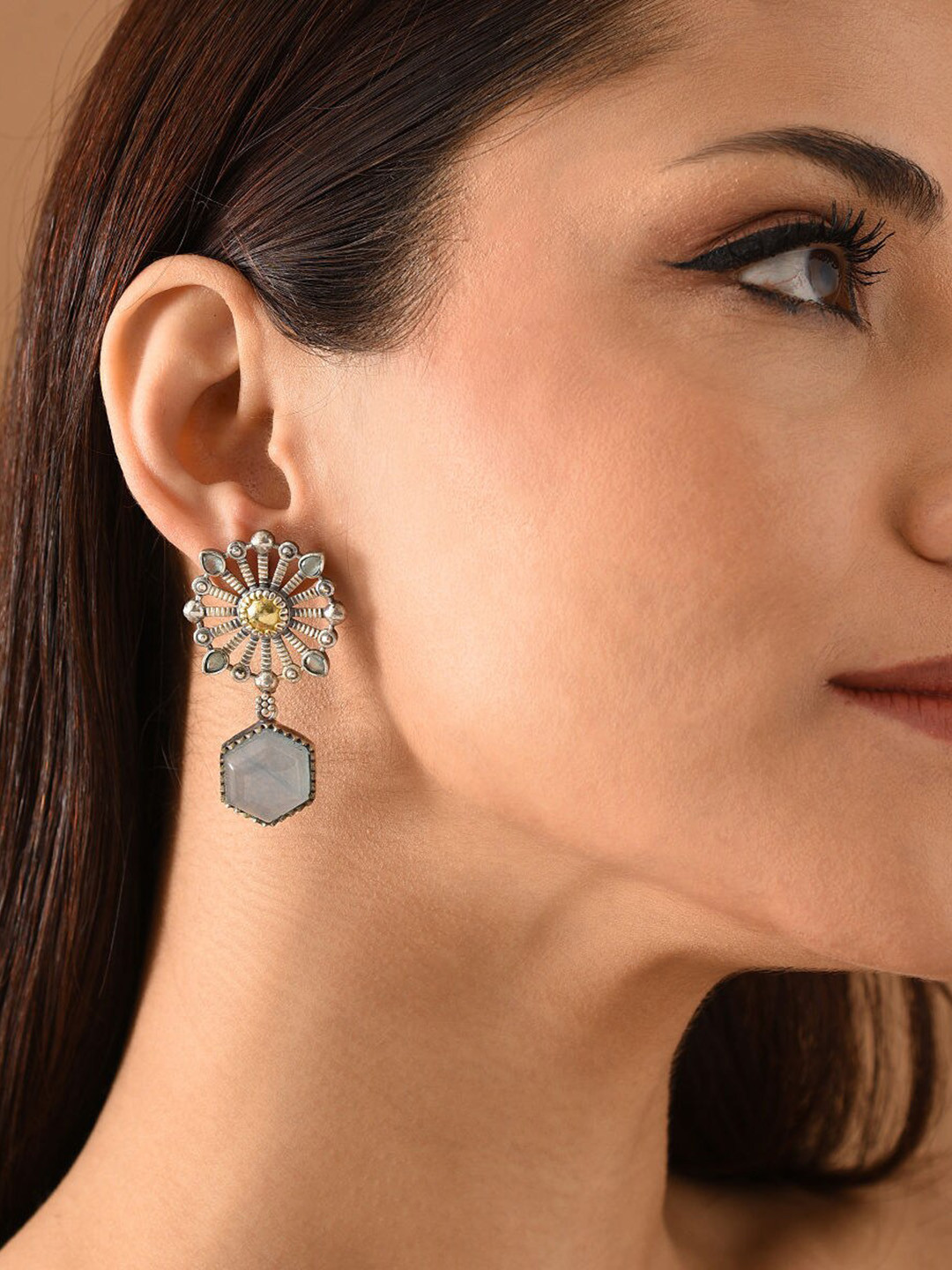 

JAYPORE Stone Studded Contemporary Drop Earrings, Silver