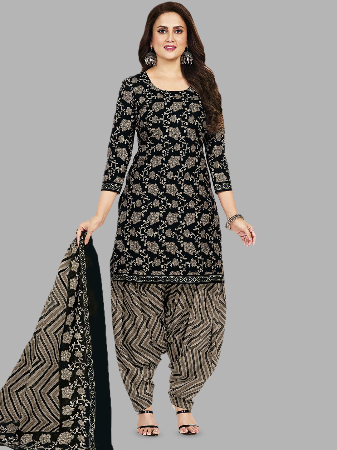 

MIRAAN Floral Printed Pure Cotton Unstitched Dress Material, Black