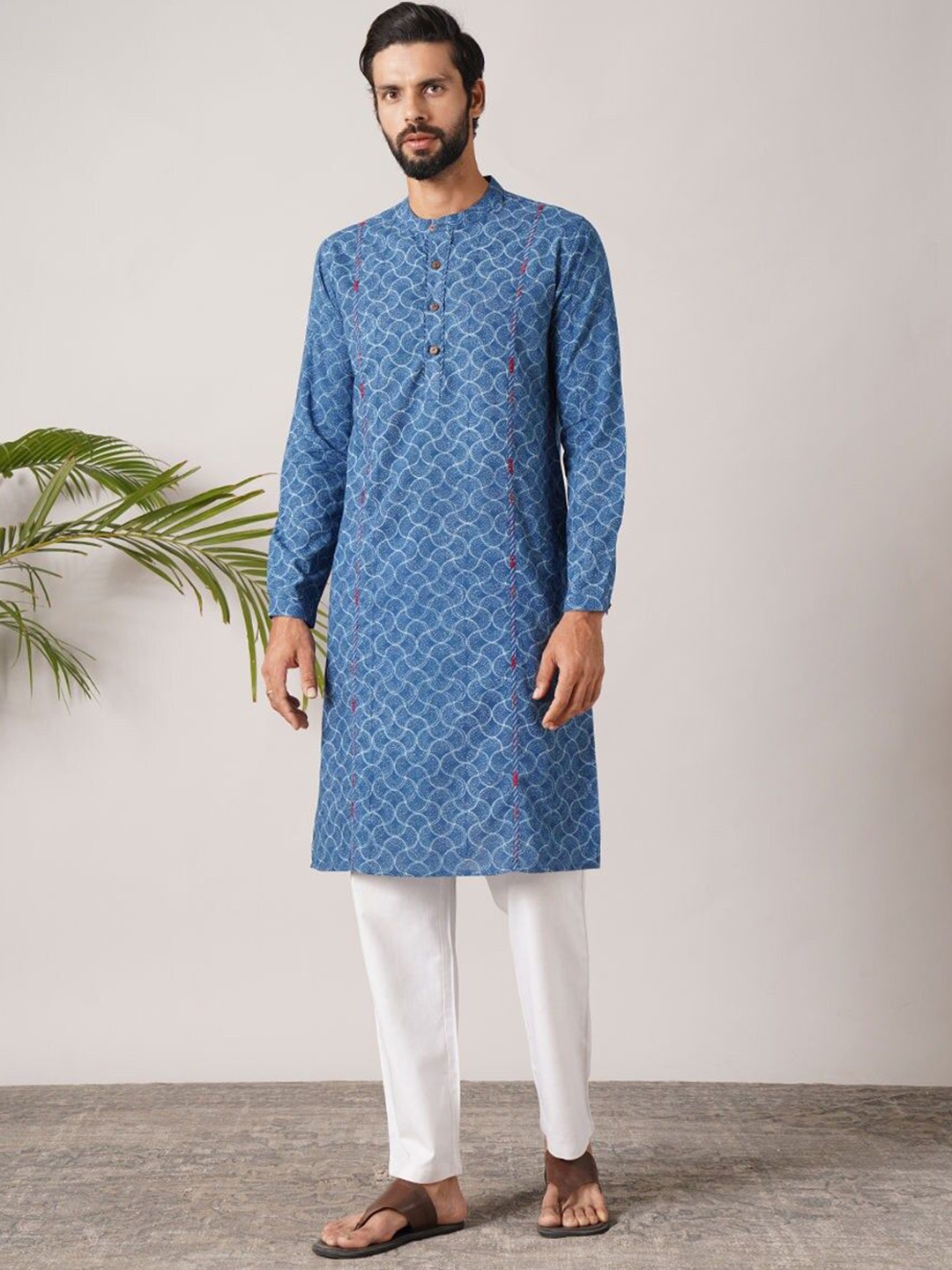 

JAYPORE Geometric Printed Band Collar Pure Cotton Straight Kurta, Blue