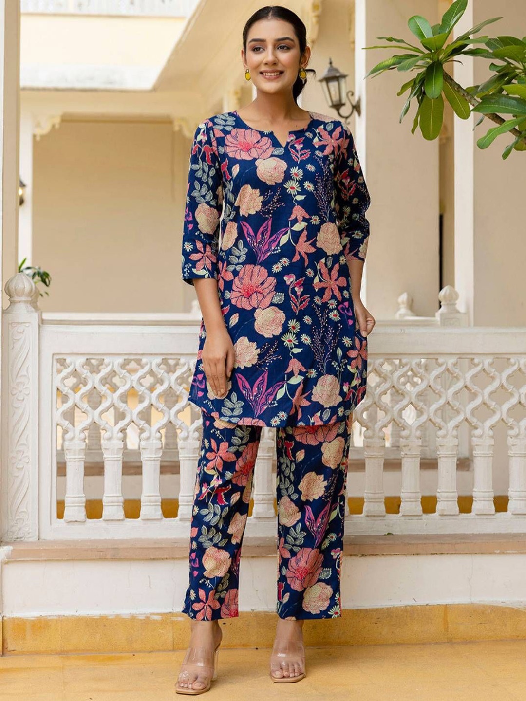 

FERANOID Floral Printed Pure Cotton Tunic & Trousers Co-Ords, Navy blue