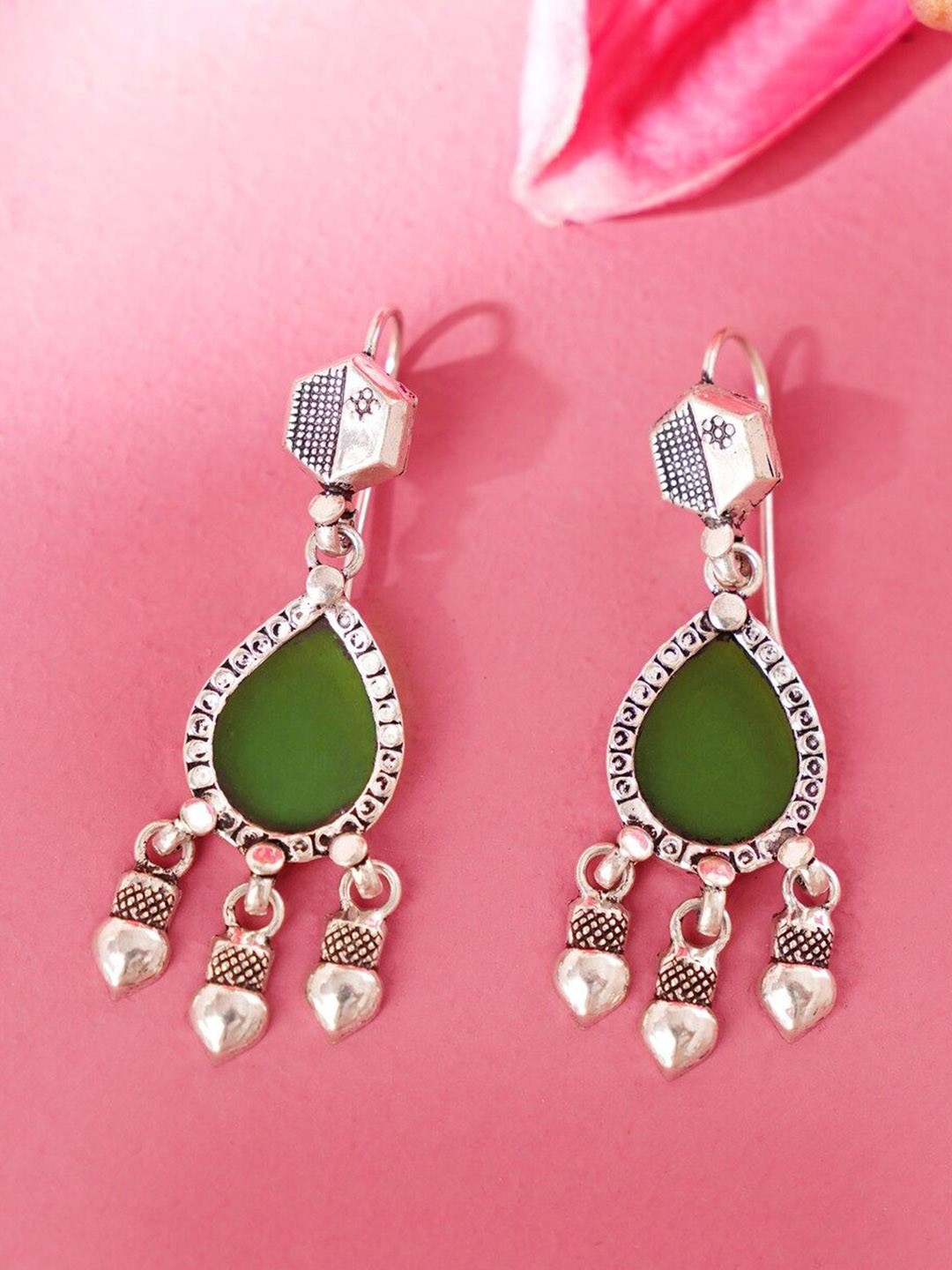 

JAYPORE Silver Stone Studded Contemporary Drop Earrings