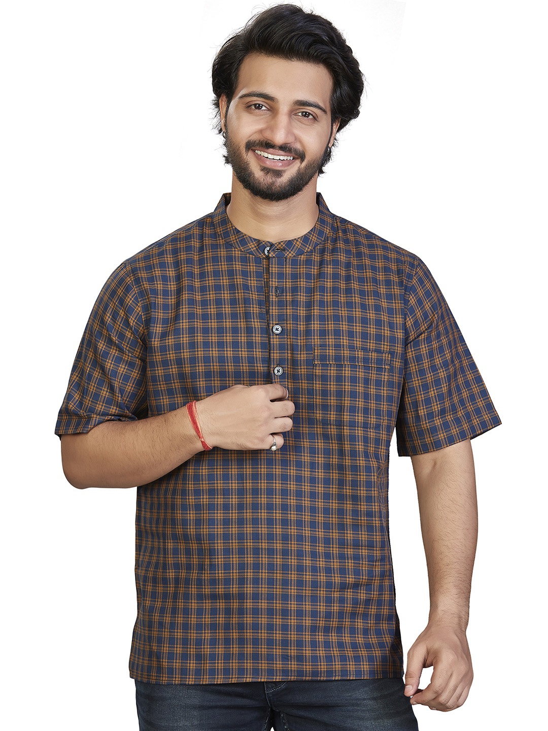 

Authentics Checked Band Collar Pure Cotton Straight Short Kurta, Blue