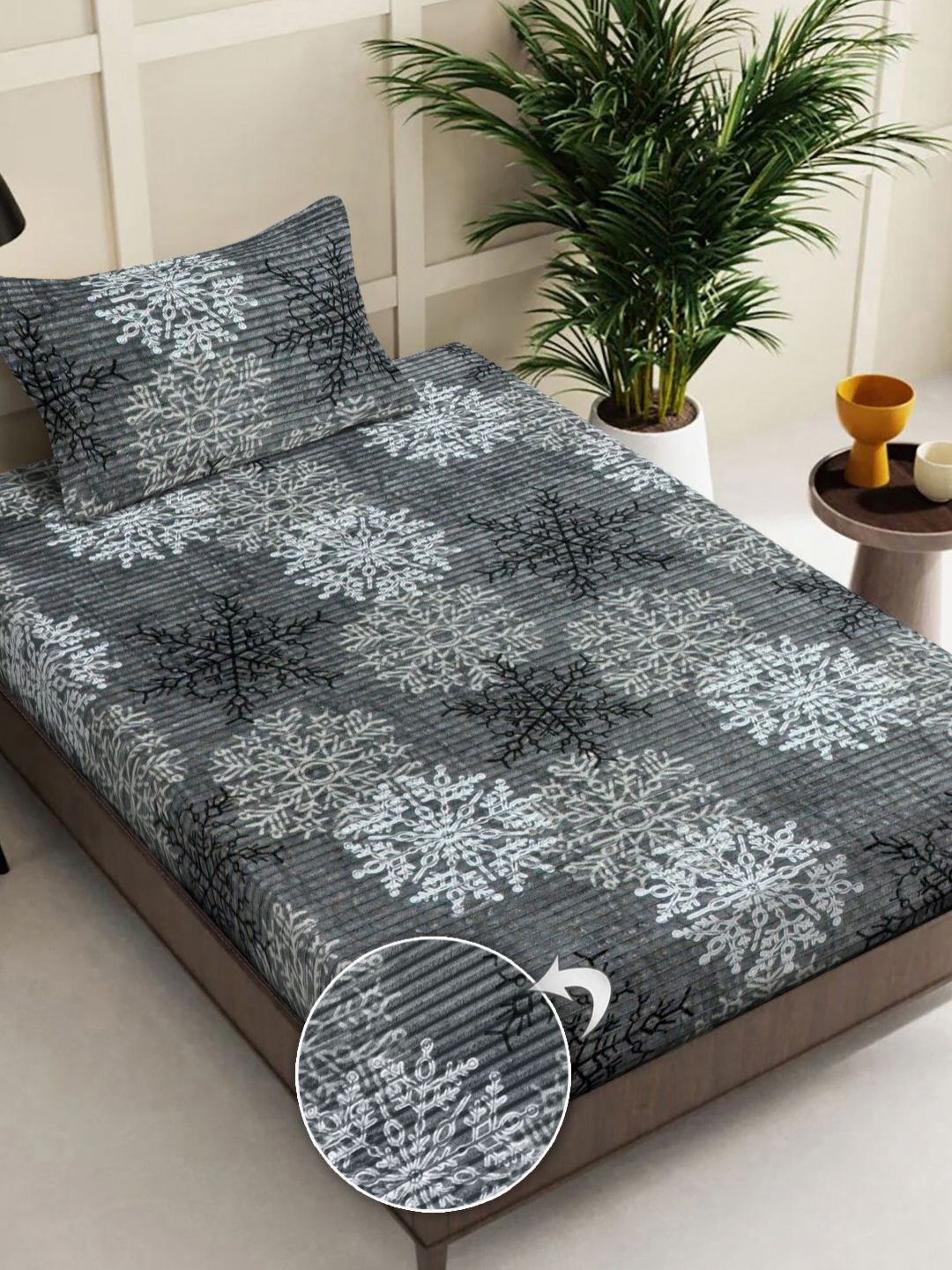 

FABINALIV Grey Floral 300 TC Single Bedsheet with 1 Pillow Covers 2.20 x 1.50 Mts