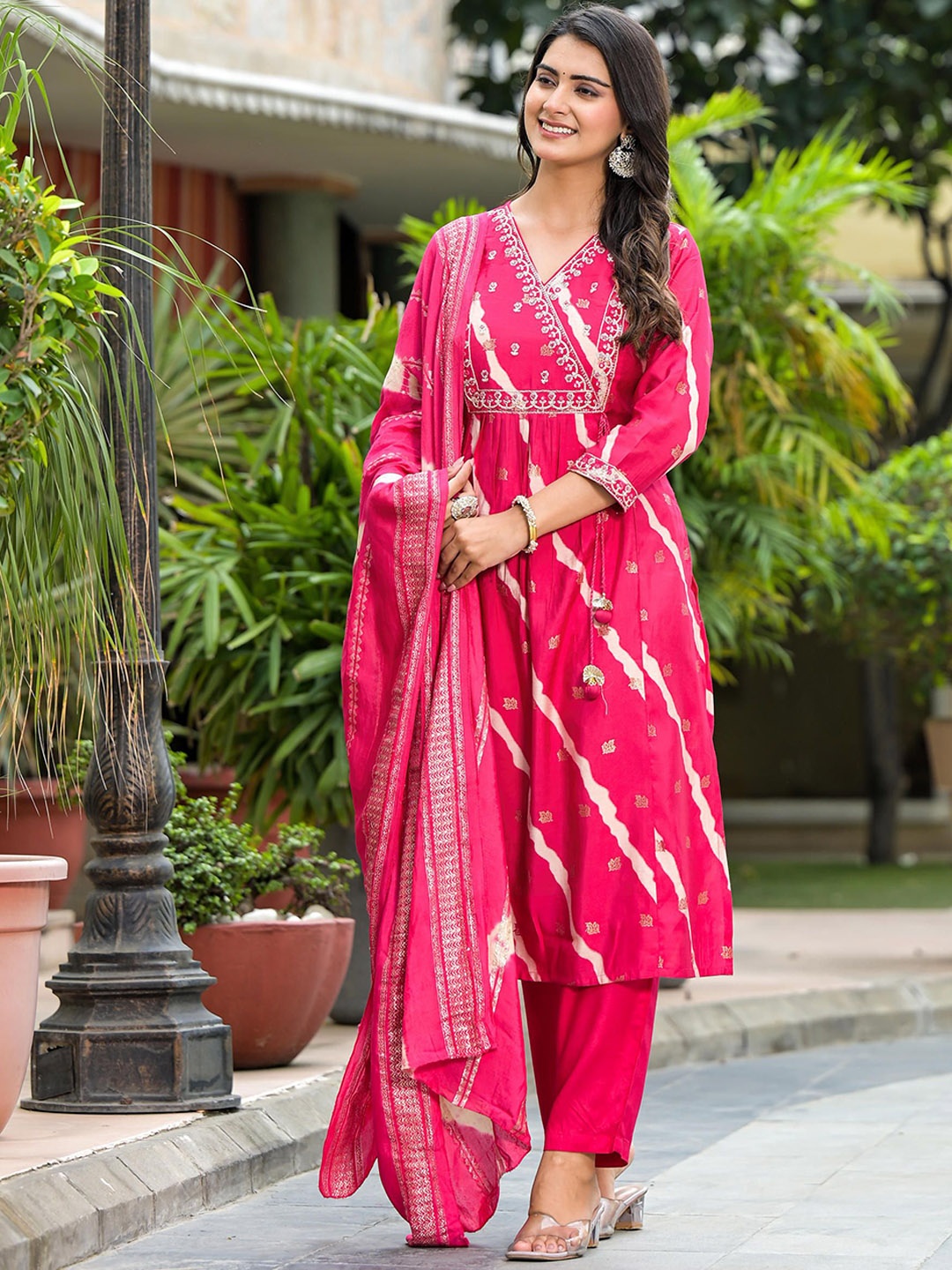 

Juniper Pink and white Leheriya Printed Thread Work Kurta with Trouser & Dupatta