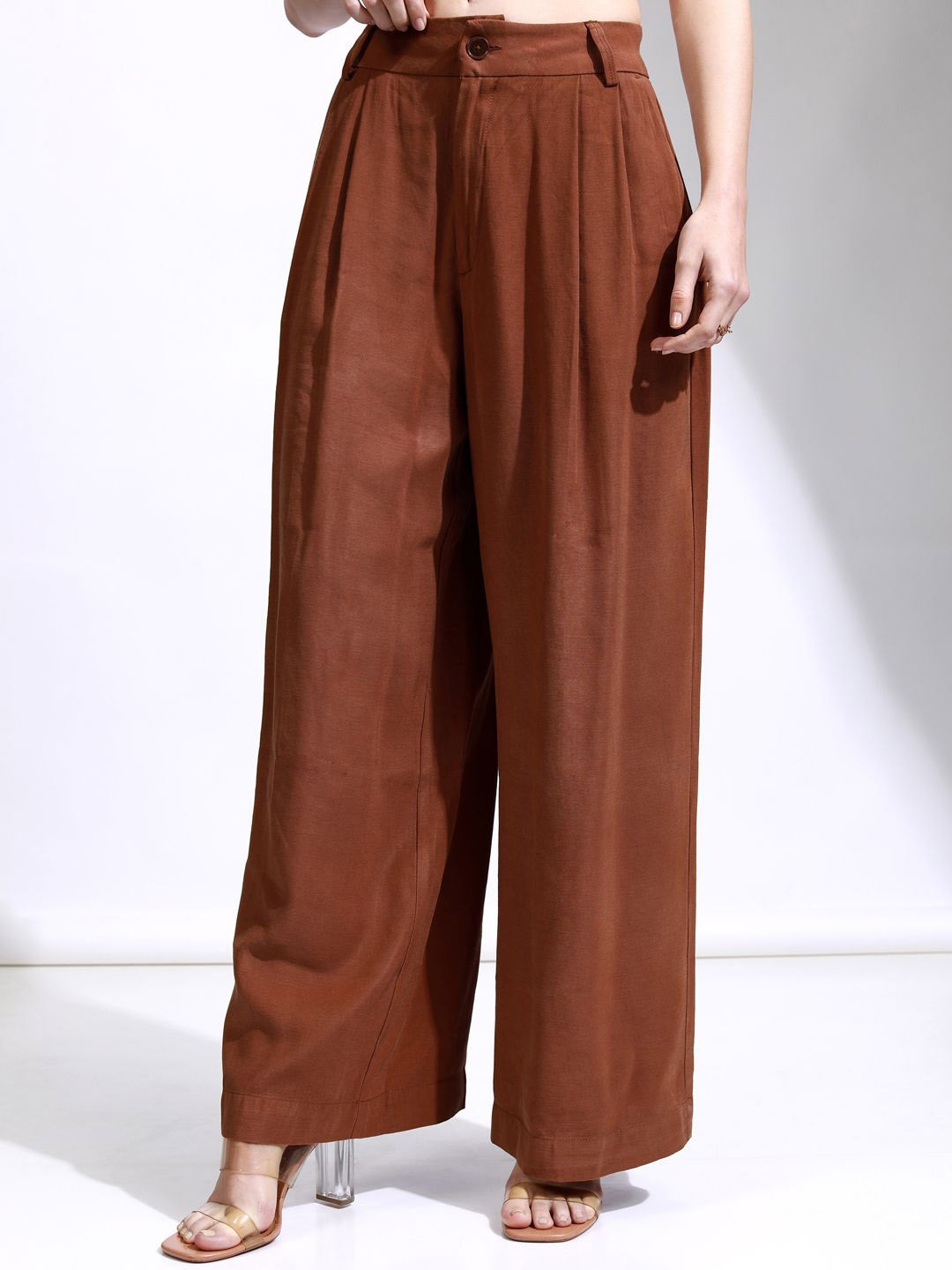 

Tokyo Talkies Women Wide Leg Mid-Rise Pleated Trousers, Brown