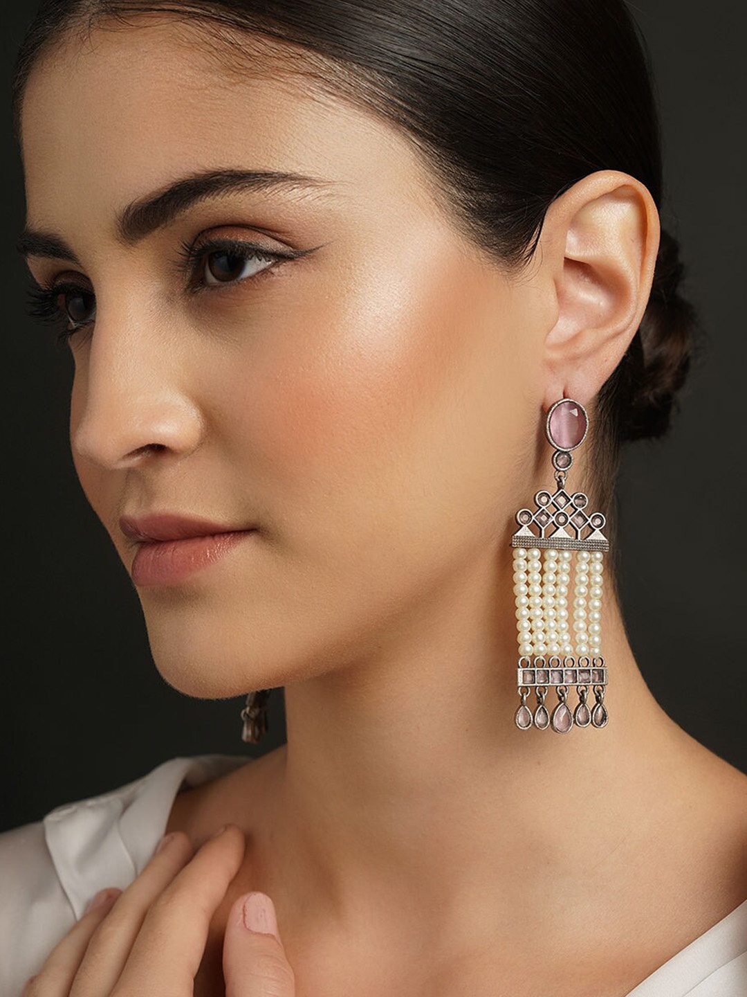 

JAYPORE Silver-Plated Oxidised Contemporary Drop Earrings